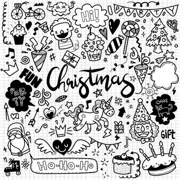 Nette handgezeichnete Weihnachtskritzeleien, eine Reihe von Weihnachtsdesign-Elementen im Doodle-Stil, skizzenhafte handgezeichnete Doodle-Cartoon-Objekte zum Thema Frohe Weihnachten, jedes auf einer separaten Ebene. - Vektor, Bild