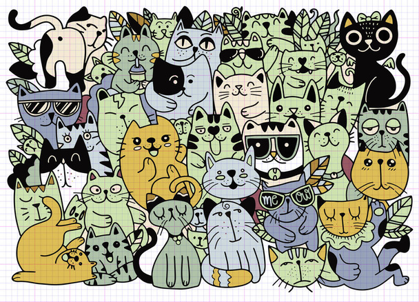 Ilustraciones vectoriales dibujadas a mano de caracteres Cats. Estilo de boceto. Doodle, Diferentes especies de gatos, Ilustración vectorial para niños, Cada uno en una capa separada. - Vector, Imagen