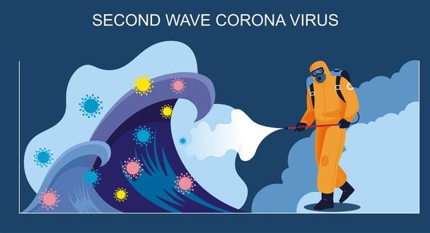 Konzept der zweiten Welle der Coronavirus-Pandemie. Menschen in Schutzkleidung reinigen, sprühen und desinfizieren das Coronavirus, - Vektor, Bild