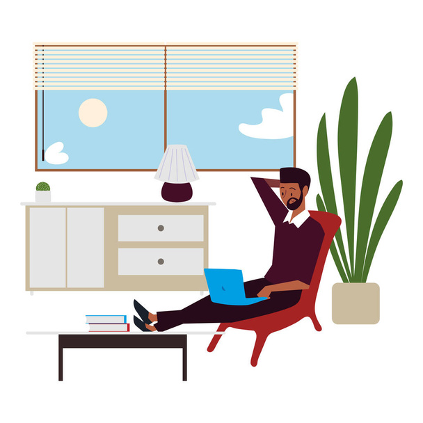 young man working sitting with laptop in workspace - Vector, Image