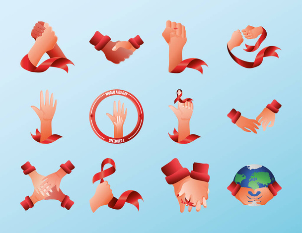 Всемирный день помощи, упаковать иконки с лентой осведомленности рук и планеты - Вектор,изображение