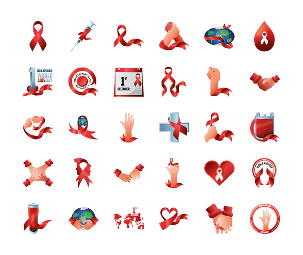 wereld aids dag, set pictogrammen met bewustzijnslint bloed handen planeet kalender en meer - Vector, afbeelding
