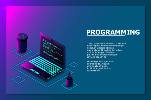 Programming or Software development web page template. Vector illustration with laptop isometric view and program code on screen. Programming concept. vector illustration - Vector, Image
