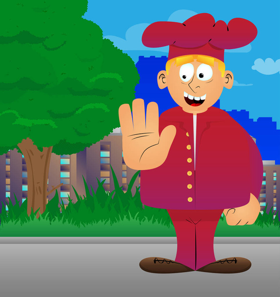 Tlustý muž kreslený kuchař v uniformě ukazuje popřít nebo odmítnout gesto ruky. Vektorová ilustrace. - Vektor, obrázek