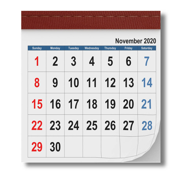 Νοέμβριος 2020 ημερολόγιο απλό κόκκινο δέρμα στην κορυφή προβολή - 3d renderig - Φωτογραφία, εικόνα