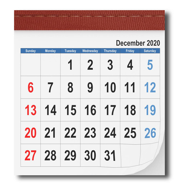 calendrier cuir décembre 2020 top view background - rendu 3d - Photo, image