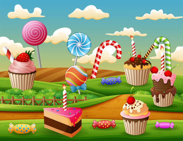 Φαντασία γλυκιά γη με φλιτζάνι κέικ και καραμέλες - Διάνυσμα, εικόνα