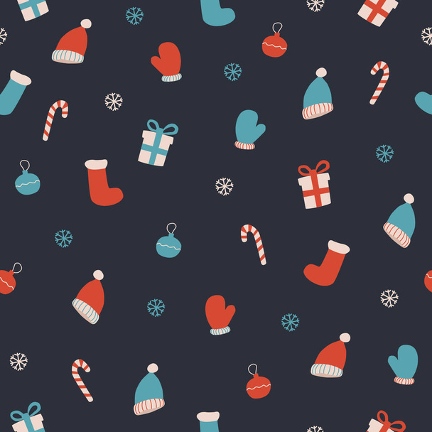 Концепция упаковки рождественских подарков, Новый год, ручная работа. Векторный бесшовный узор из рождественских иллюстраций, сладостей, носков, варежки, шляп и снежинок. Дизайн шаблона для упаковки. - Вектор,изображение