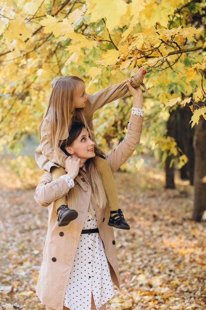 Happy mother and her beautiful daughter have fun and walk in the autumn park. - Fotó, kép