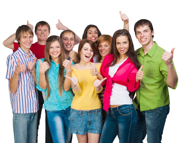Группа улыбающихся молодых людей с поднятым большим пальцем
 - Фото, изображение