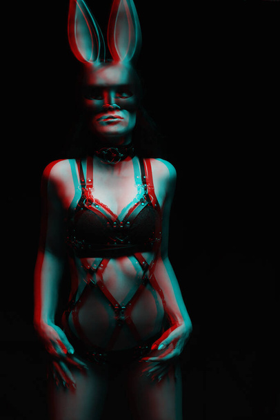 sexy girl in underwear and leather harness and mask. bdsm concept. Glitch, black and white. - Фото, зображення