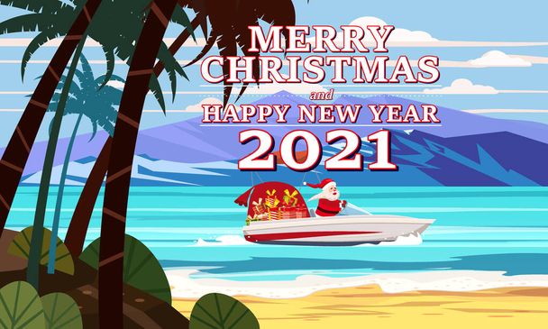 Buon Natale Babbo Natale in motoscafo sull'oceano mare tropicale isola palme montagne mare consegna regali di spedizione - Vettoriali, immagini