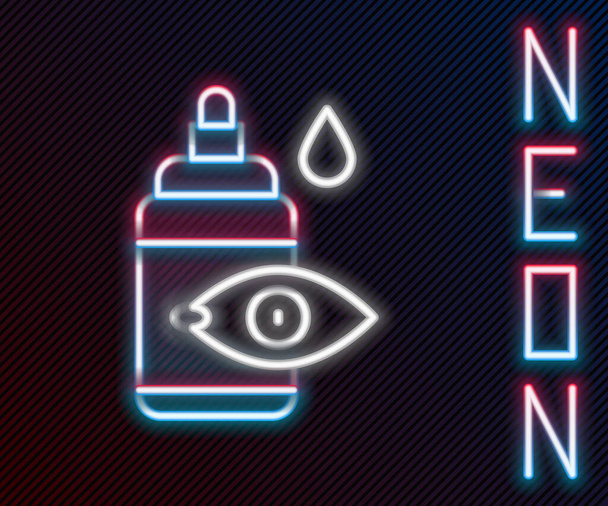 Linea neon incandescente icona della bottiglia Eye drop isolata su sfondo nero. Concetto di contorno colorato. Vettore. - Vettoriali, immagini