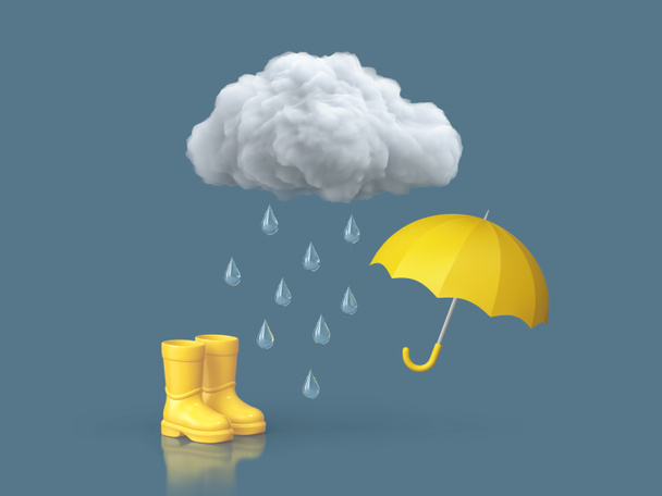 濃い青の背景に雨の雲の下に黄色の傘とゴムブーツ。3Dレンダリング - 写真・画像