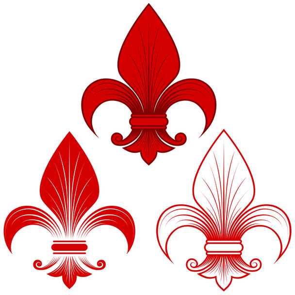 Векторный дизайн fleur de lis в трех графических стилях красного цвета, изображение живого цветка, символа, используемого в средневековой геральдике. Все на белом фоне. - Вектор,изображение