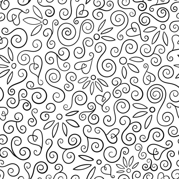 Patrón de remolino abstracto en blanco y negro con formas de flor y corazón. Esquema vector sin fisuras repetir fondo.  - Vector, imagen