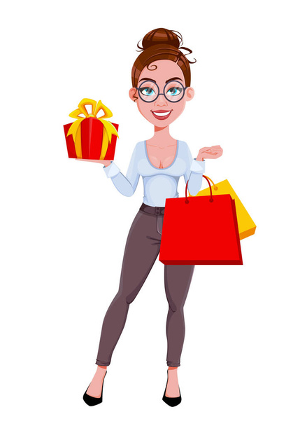 Stock vector. Young beautiful business woman went shopping. Cute businesswoman cartoon character in flat style. Vector illustration - Vector, Image