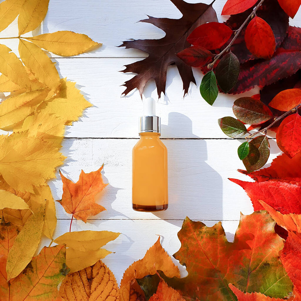 Пляшка гіалуронової кислоти з піпеткою і яскравим осіннім листям на білому дерев'яному столі. Вид зверху, макет
 - Фото, зображення