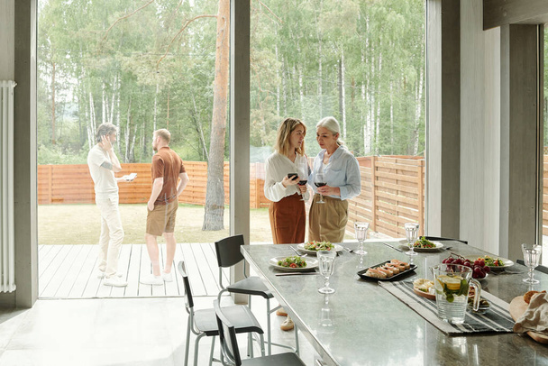 Edellä näkymä nuori tytär ja vanhempi äiti seisoo moderni keittiö mökki talon ja juominen viiniä juttelemisen - Valokuva, kuva