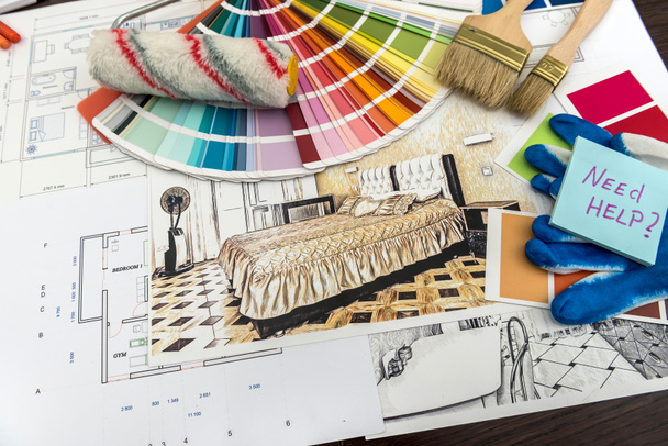 Mimari ve mühendislik konutları konsepti. İç mimari çalışmaları için renklerin paleti fırça, etiket üzerine - Fotoğraf, Görsel
