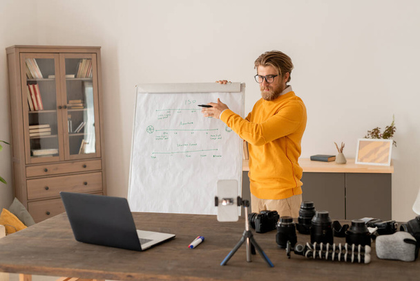 Contemporary young teacher with highlighter standing by whiteboard in front of laptop and smartphone camera during explanation - Fotografie, Obrázek