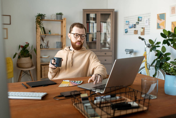 Young bearded freelancer looking at laptop display while having coffee and browsing in the net for some information about new trends - Foto, immagini