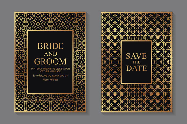 Σύγχρονη αραβική πρόσκληση γάμου ή πρότυπα καρτών για τις επιχειρήσεις ή την παρουσίαση ή πανό με χρυσό παραδοσιακό στολίδι σε μαύρο φόντο. - Διάνυσμα, εικόνα