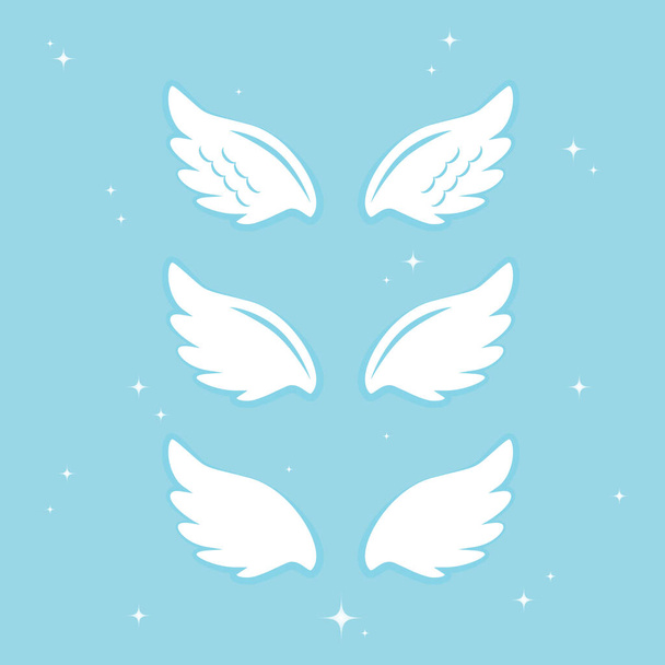Vliegende engelenvleugels met gouden nimbus. Vleugels en nimbus. Engel gevleugelde glorie halo schattig cartoon tekeningen illustratie vector set - Vector, afbeelding