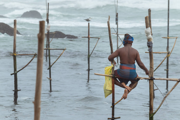 Stilte visser met zijn houten staaf naar achteren gericht naar de camera zonder top, vissen volgens een traditionele unieke methode in Sri Lankaanse cultuur, zonnige heldere avond op het strand. - Foto, afbeelding
