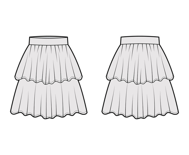 Юбка многослойная фланцевая техническая модная иллюстрация с силуэтом длиной колена, круглой полнотой. Плоское дно - Вектор,изображение
