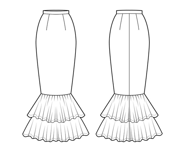 Saia sereia fishtail maxi técnica moda ilustração com chão tornozelo comprimentos silhueta, lápis fundo plenitude - Vetor, Imagem