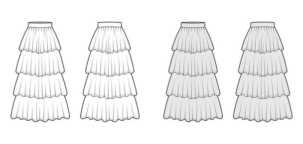 Skirt 4 layered flounce maxi technical fashion illustration with floor ankle lengths silhouette, circular fullness. Flat - Vector, Image