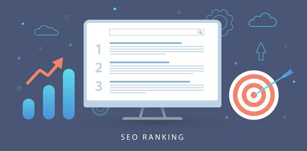 SEO Ranking, Search Engine Results Pages (SERP) concept. Инструмент маркетингового анализа, ключевые слова исследования и поиска рейтинга аудита отчета плоский векторный баннер иллюстрации с иконками - Вектор,изображение