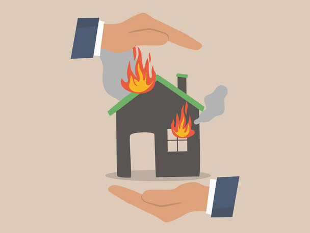 Casa con fiamme di fuoco che mostrano casa in fiamme. Home assicurazione o assicurazione antincendio concetto di illustrazione vettoriale. - Vettoriali, immagini