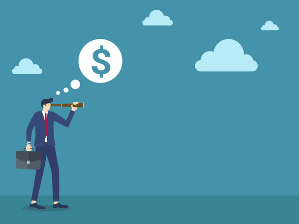 Businessman using binoculars looking into future thinking of big money vector illustration - Vector, Image
