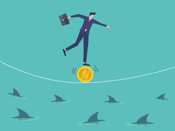 Financial and business risk. stability or balance of economics and investment or risk for losing job concept, businessman balancing not to fail from walking on golden coin and rope. - Vector, Image