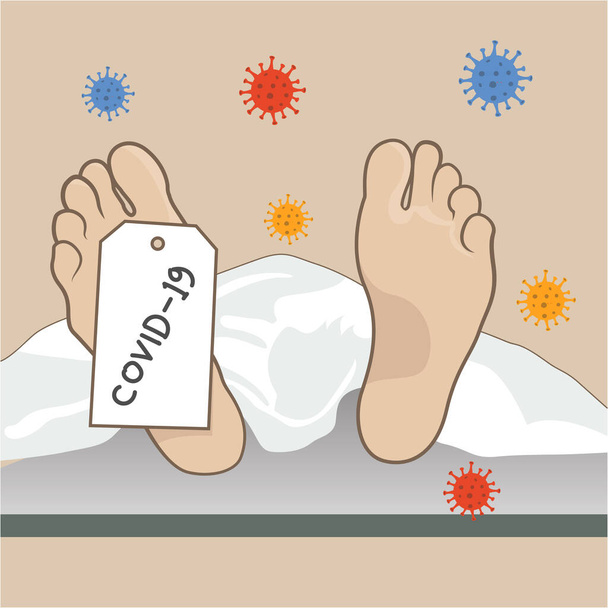 Tasa de mortalidad por Coronavirus, pandemia de COVID-19 que causa la muerte de personas con neumonía concepto de infección pulmonar, personas que fallecen con Coronavirus con la etiqueta COVID-19 en los pies y patógeno del virus. - Vector, Imagen
