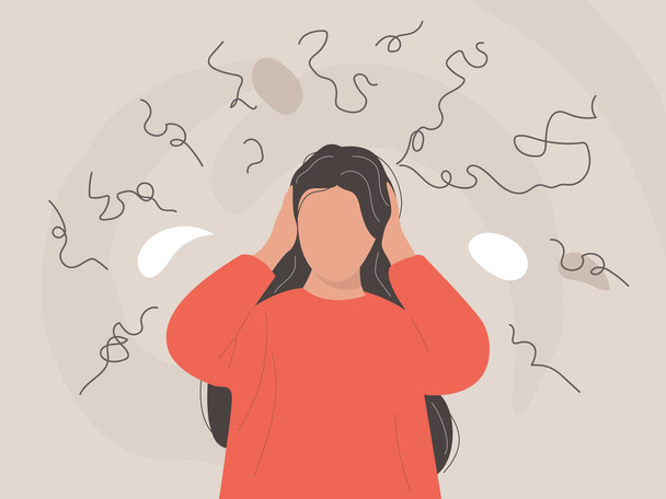 The girl with anxiety holds the head surrounded by thoughts, frustrated woman with nervous problem feel anxiety and confusion of thoughts. Mental disorder and chaos in consciousness. - Vector, Image