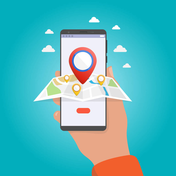 Male hand holding phone with map and pointer. Mobile gps navigation and tracking concept. Flat vector illustration for web sites, banners. Location track app on touch screen smartphone - Vettoriali, immagini