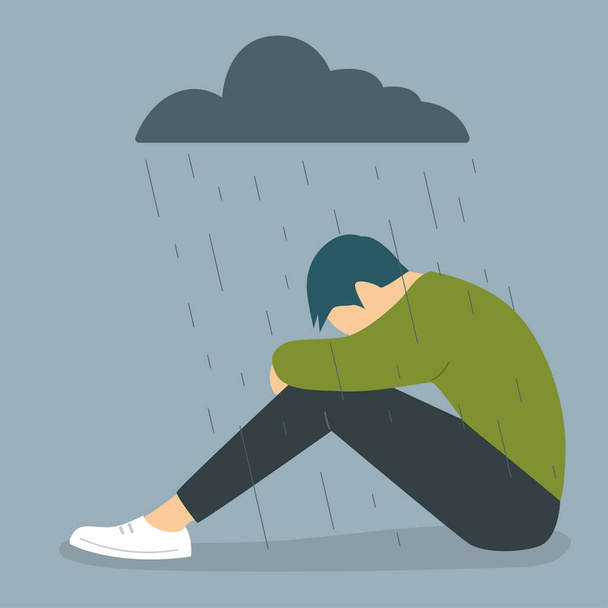 Sad man character sitting under the rain. Overcast weather. Emotions. Solitude concept. Flat editable vector illustration, clip art - Vector, Image