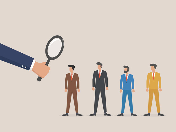 Searching the best candidate or job, Human resources, head hunt, choosing talent for job vacancy or company recruitment concept, employer boss hand use magnifying glass to choose job interview people - Vector, Image