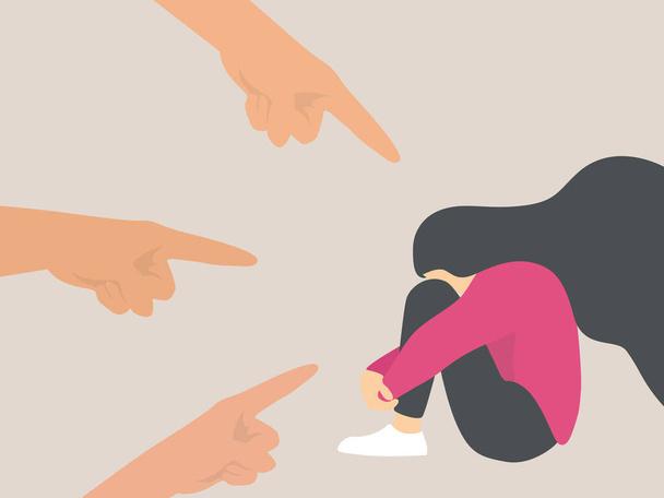 いじめの概念,指を指すことは悲しい女性が膝を抱きしめるにつながります,攻撃 - ベクター画像