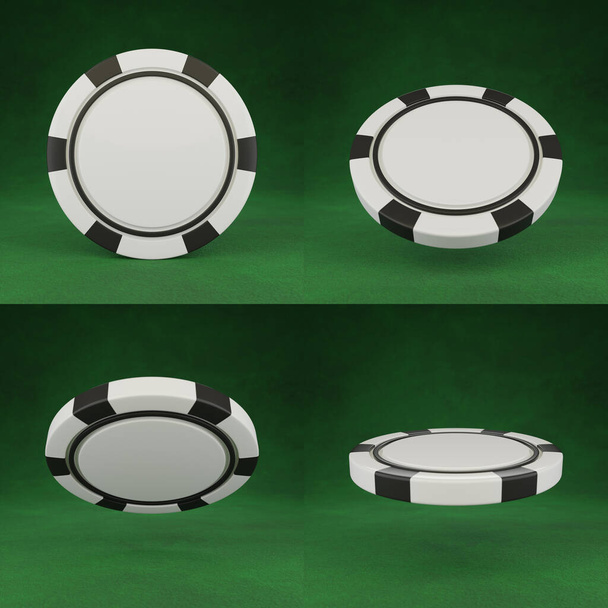 Фишки казино изолированы на зеленом фоне покерного стола. Белые фишки для покера в другой позиции. 3D рендеринг. - Фото, изображение