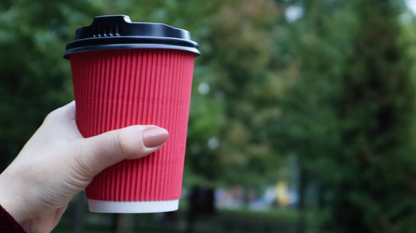 A young girl in a coat holds morning coffee with her while walking in the park. Hand holding paper cup of coffee in green park. Takeaway cappuccino. Close-up, copy space - Valokuva, kuva