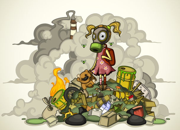 Child in a gas mask standing on a pile of garbage. Isolated - Vector, imagen