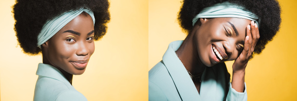 collage of smiling african american young woman in blue stylish outfit isolated on yellow, banner - 写真・画像