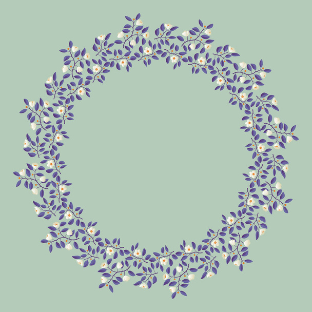Blumenkranz, Zweige mit lila Blättern und leichten cremefarbenen Blüten auf Pistazien-Hintergrund - Vektor, Bild