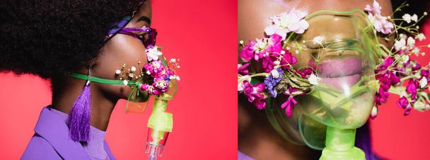 koláž africké americké mladé ženy v purpurovém stylovém oblečení s květinami v inhalátoru izolovaném na červené, banner - Fotografie, Obrázek