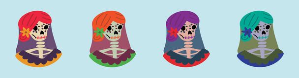 set of day of the dead. modern cartoon icon design template with various models. vector illustration isolated on blue background - Vector, Image
