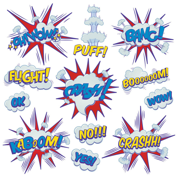  Elementos divertidos de superhéroes de dibujos animados: choque, boom, pow, bang, wow, vuelo, kaboom, sí, no. - Vector, imagen